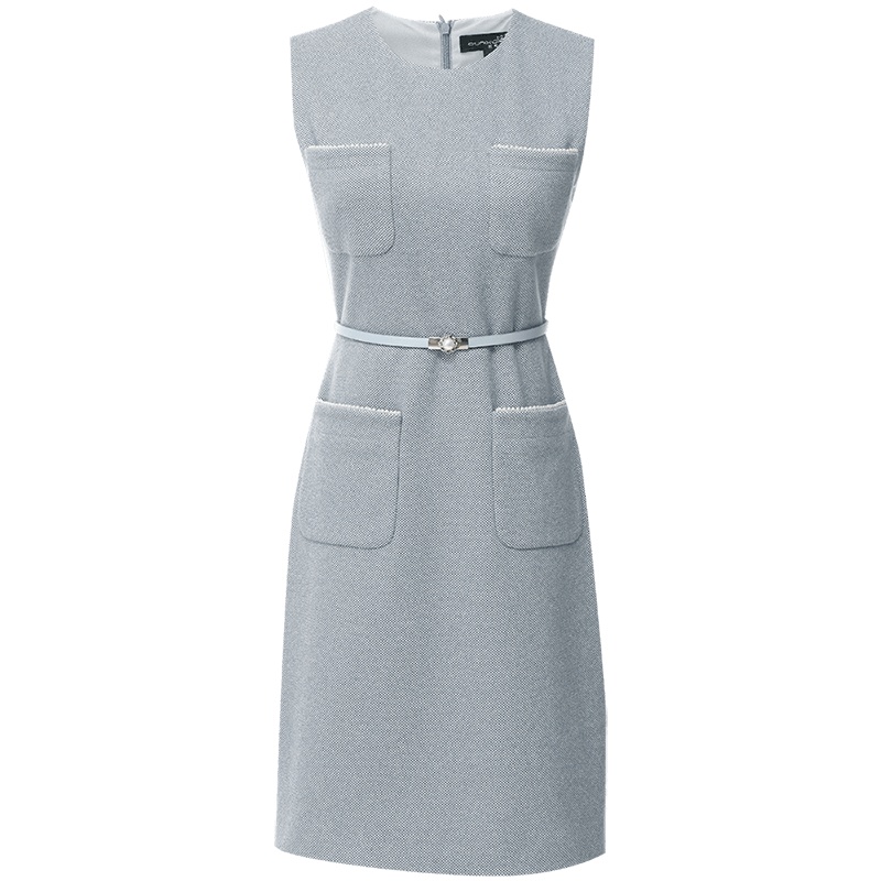 欧昵雪秋冬圆领收腰呢子背心裙女修身显瘦无袖毛呢连衣裙