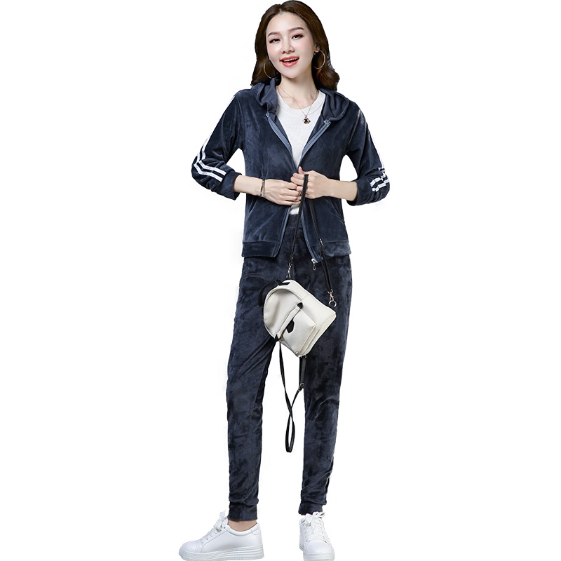 丝柏舍秋装女2018新款套装时尚两件套连帽拉链丝绒套装S83H0016N