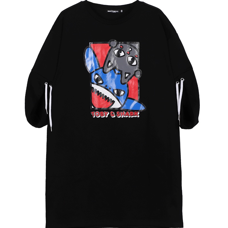 a02新款搞怪卡通印花宽松抽绳五分袖卫衣连衣裙女DTU5A0141DR