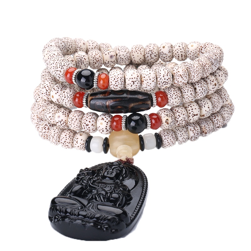 月印百川高密星月菩提多圈手串男女款情侣108颗佛珠冰晶黑曜石手链大势至菩萨项链吊坠