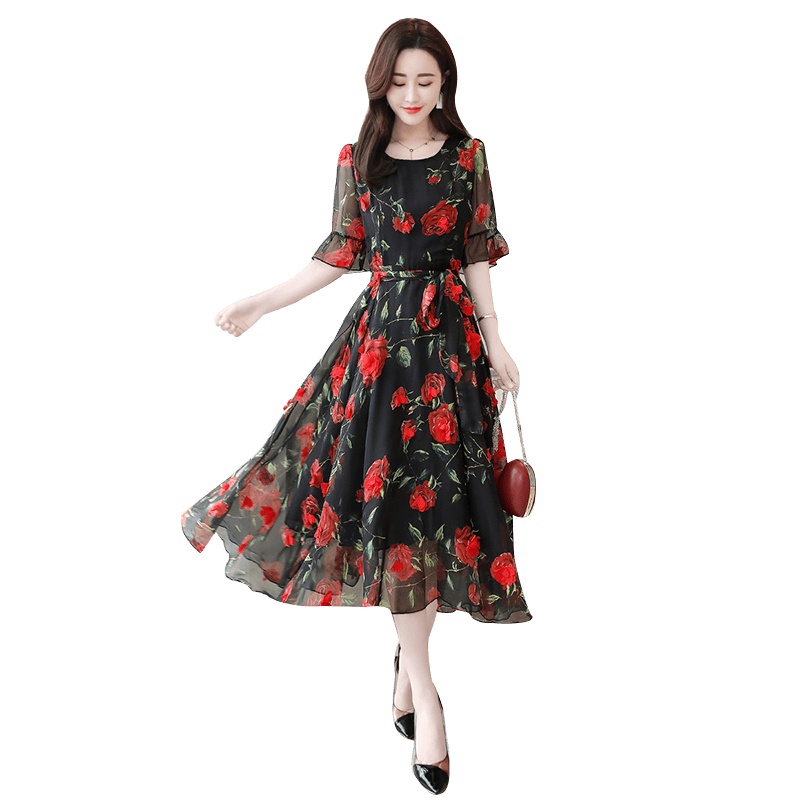丝柏舍2020秋女圆领五分袖印花大摆中长款连衣裙S91R0180L