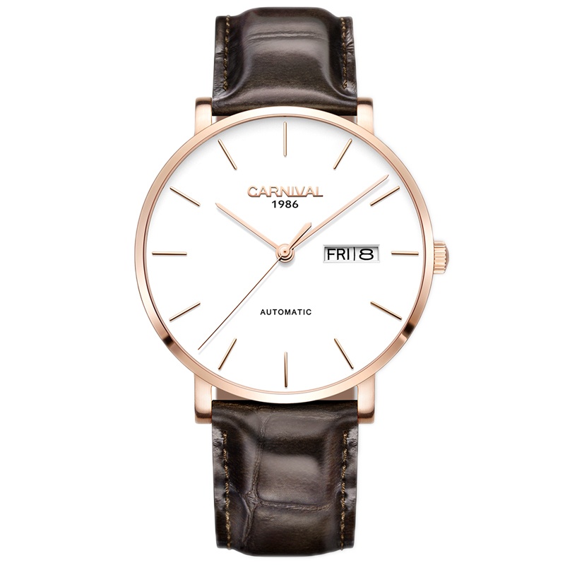 嘉年华(CARNIVAL)手表新款进口机芯 MASTER系列休闲时尚双日历真皮带自动机械表 男士简约腕表8020G