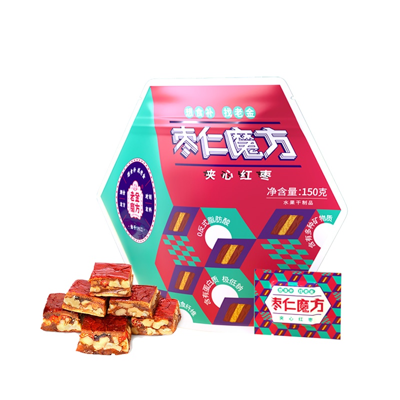 老金磨方 枣仁魔方夹心红枣150g 红枣夹核桃真空小包装