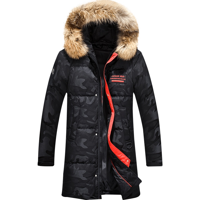 雅鹿男装羽绒服男长款连帽貉子毛领冬季潮流加厚保暖外套黑迷彩S03EDYA18815
