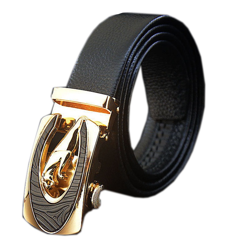 男士头层自动扣真皮皮带 红品 HONGPIN 男式百搭商务时尚皮带牛皮腰带皮 头层自动扣软皮带 金银色扣头帅气黑色系皮带