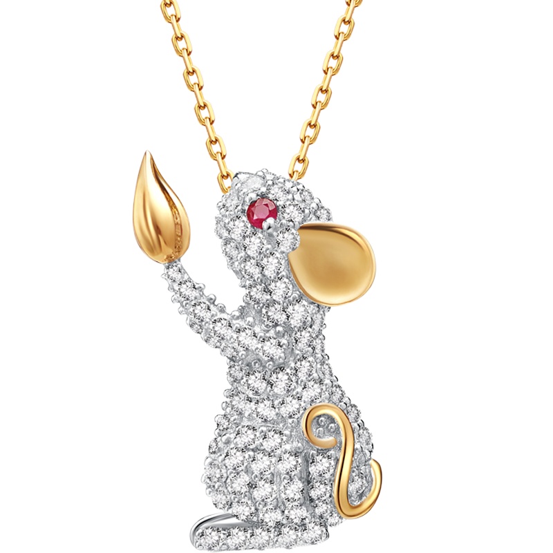 Fei Liu [定制款]18K金钻石生肖鼠吊坠项链福鼠锁骨链 镶嵌红宝石女款礼物配镀金银链11月11日陆续发货