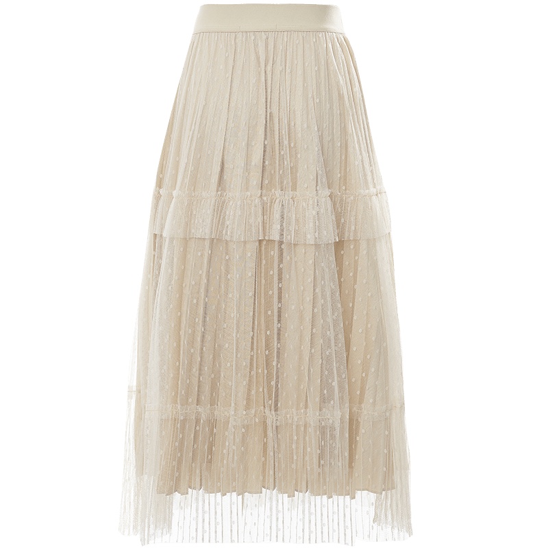 欧昵雪夏季高腰显瘦中长款网纱半身裙女波点百褶仙女裙