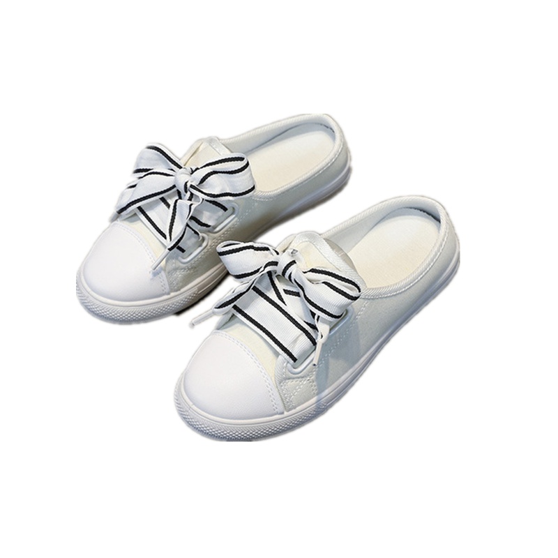 夏季新款清凉透气帆布鞋女韩版学生百搭半拖鞋小白鞋一脚蹬懒人鞋