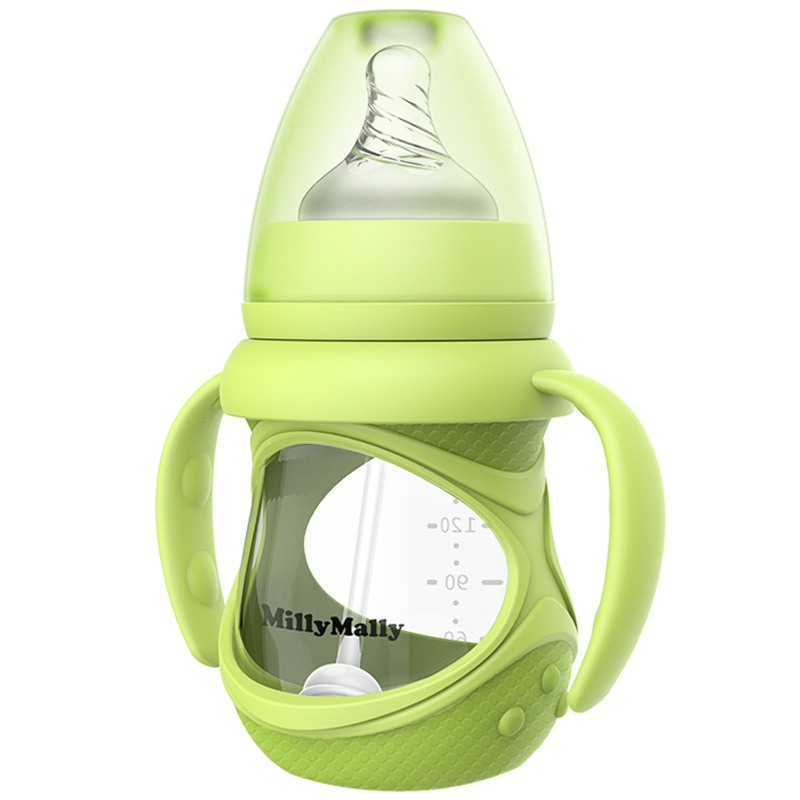 [30天破损换新]MillyMally 婴儿奶瓶玻璃 防摔 硅胶奶嘴 宽口径 防胀气 带手柄重力球吸管 绿色 240ml