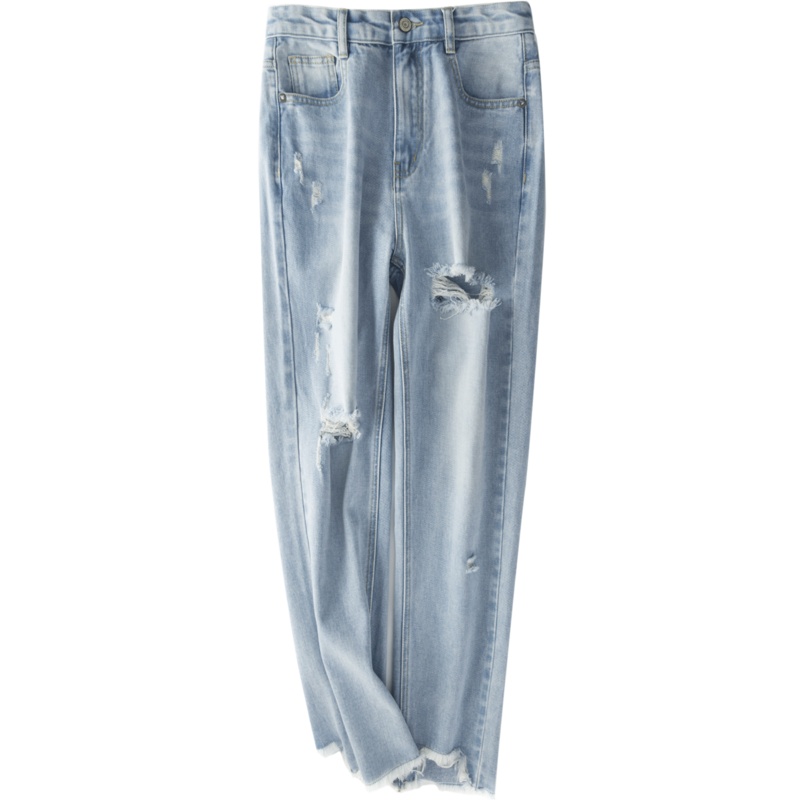 OtherMix毛边破洞牛仔裤2021年夏季新款韩版高腰显瘦阔腿裤子女潮