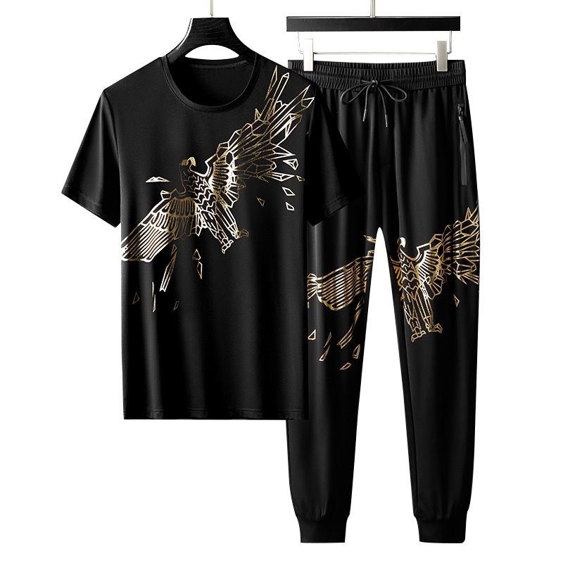 夏季运动套装男烫金冰丝休闲宽松透气长裤子速干短袖t恤潮牌2020