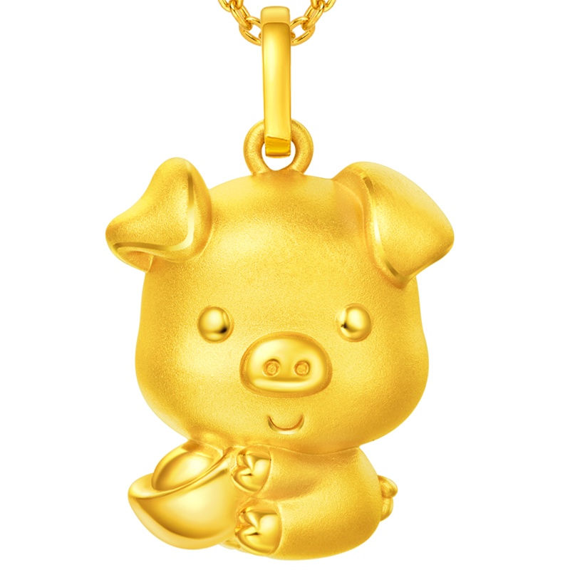 周大福十二生肖猪抱元宝猪足金金饰品坠 R21602