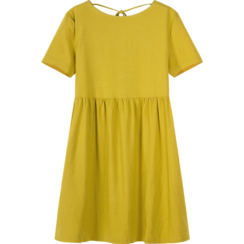 【满198减100预估价：45】Semir森马连衣裙女2019夏季新款亚麻裙子短袖娃娃百褶裙子绑带设计感