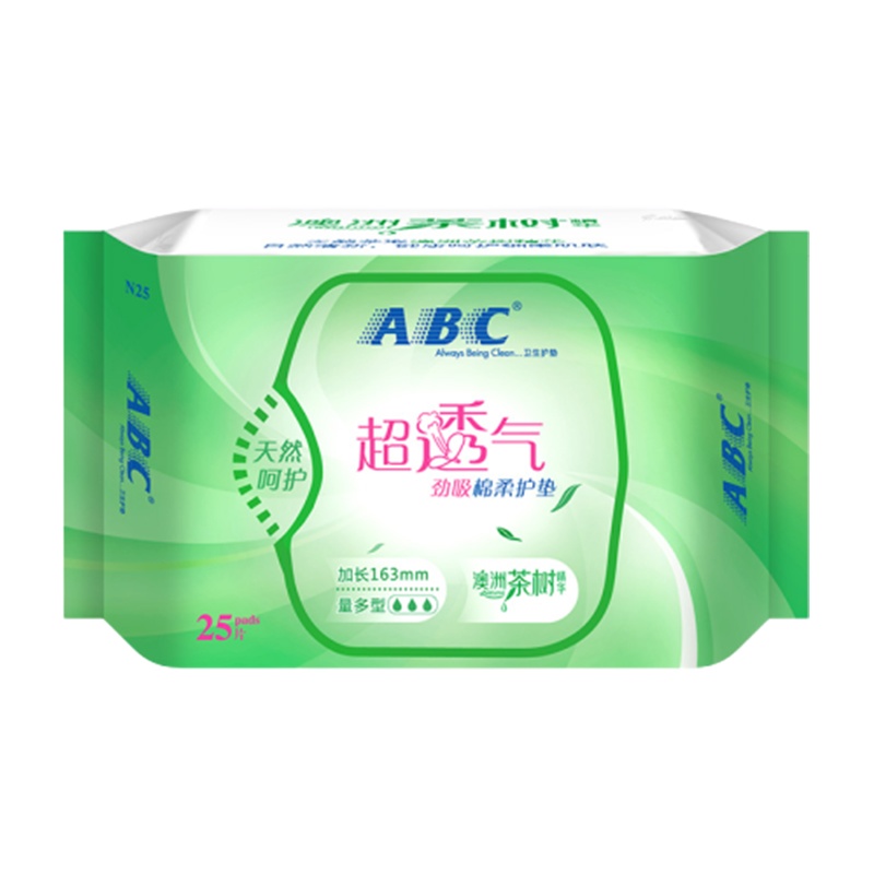 ABC卫生巾护垫超吸棉柔澳洲茶树精华清凉舒爽163mm姨妈巾25片