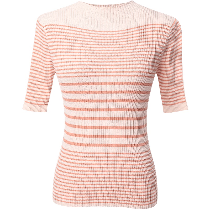 欧昵雪春装修身显瘦半高领条纹短袖毛衣女气质针织衫上衣