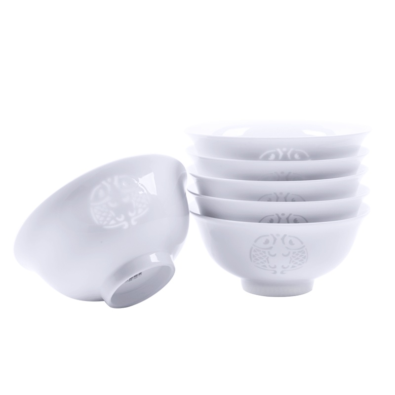 古镇陶瓷饭碗家用玲珑碗景德镇瓷器吃饭瓷碗面碗白瓷餐具创意套装6头白玲珑套碗年年有余