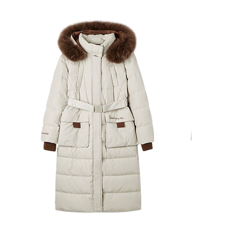 拉夏贝尔欧洲站羽绒服女中长款冬季宽松白鸭绒连帽大衣外套