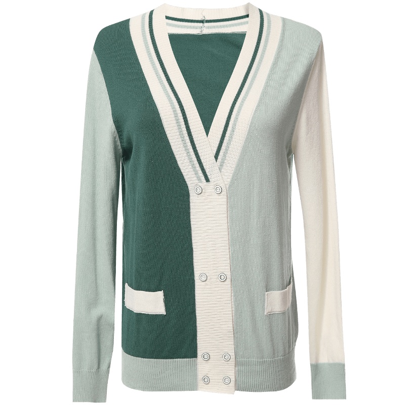 欧昵雪简约V领撞色宽松显瘦针织衫女毛衣开衫上衣