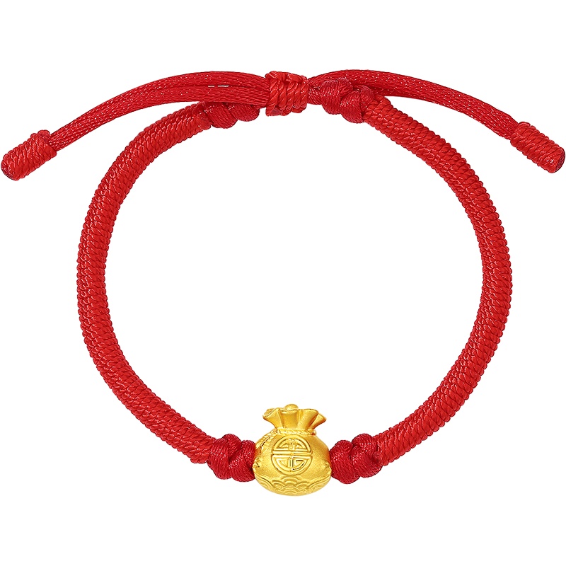 周大生黄金转运珠手链女福袋本命年红绳串珠钱袋足金硬金