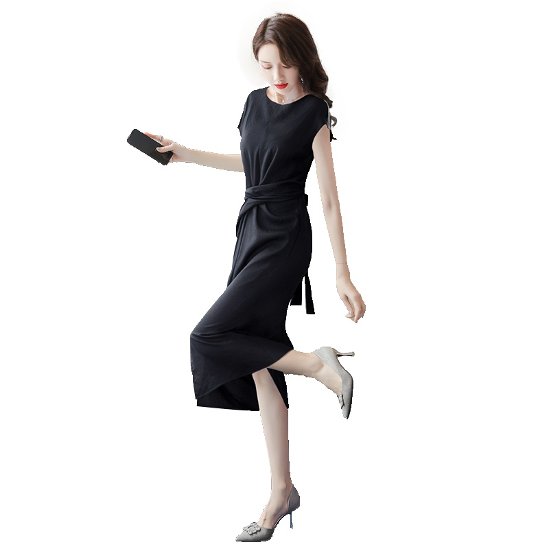 丝柏舍2020夏季女装韩版显瘦圆领收腰下开叉短袖连衣裙S92R0031L