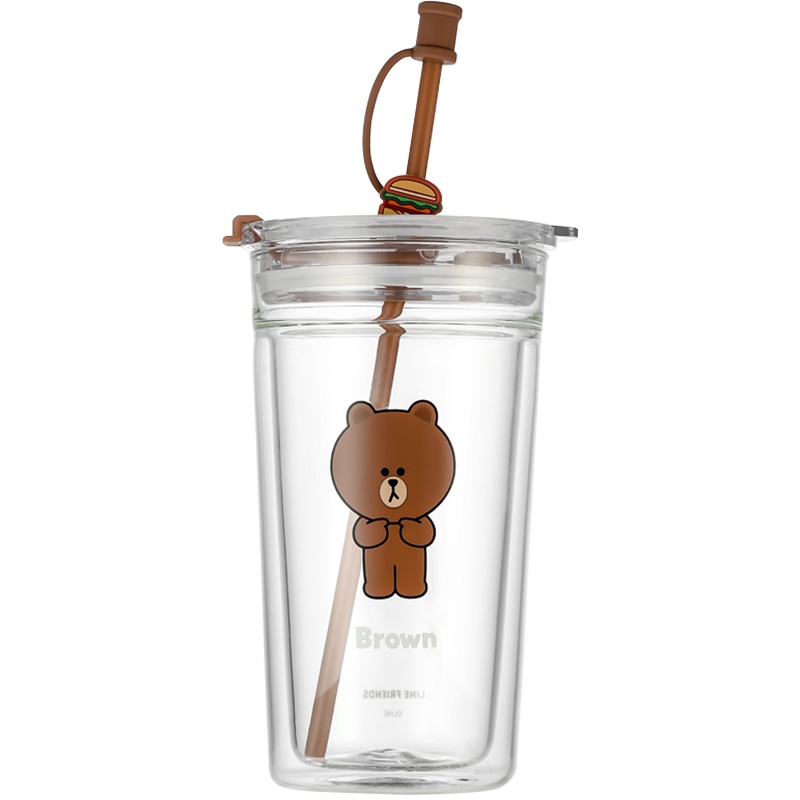 瑞幸咖啡&LINE FRIENDS联名款吸管双层玻璃杯简约便携可爱防烫水杯(Brown)