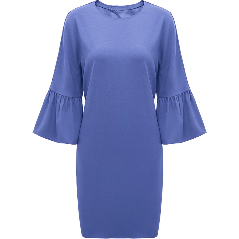 鄂尔多斯1980 春夏欢聚系列纯色圆领宽松喇叭袖连衣裙女后背镂空