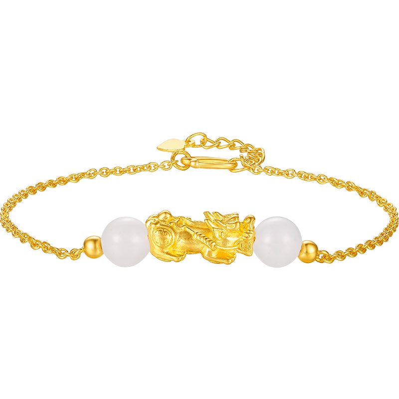 周大生貔貅金镶玉手链 优雅高贵纯洁 送礼佳品黄金饰品 女士珠宝首饰