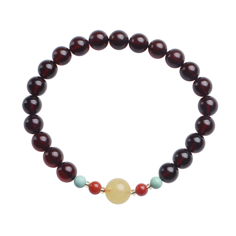 印象眸血珀圆珠手串 琥珀搭蜜蜡配饰女款单圈双圈手链 附送证书