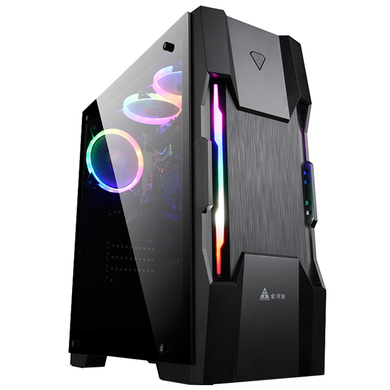 金河田峥嵘Z5黑色台式机电脑水冷组装机箱ATX游戏大侧透可背线电脑机箱配6个彩虹风扇