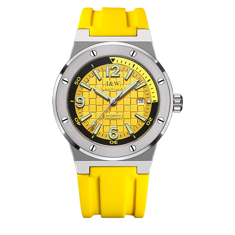 [大黄蜂]瑞士I&W CARNIVAL品牌手表全自动机械表男表新品防水橡胶带亮色时尚轻奢表小众设计个性腕表618G