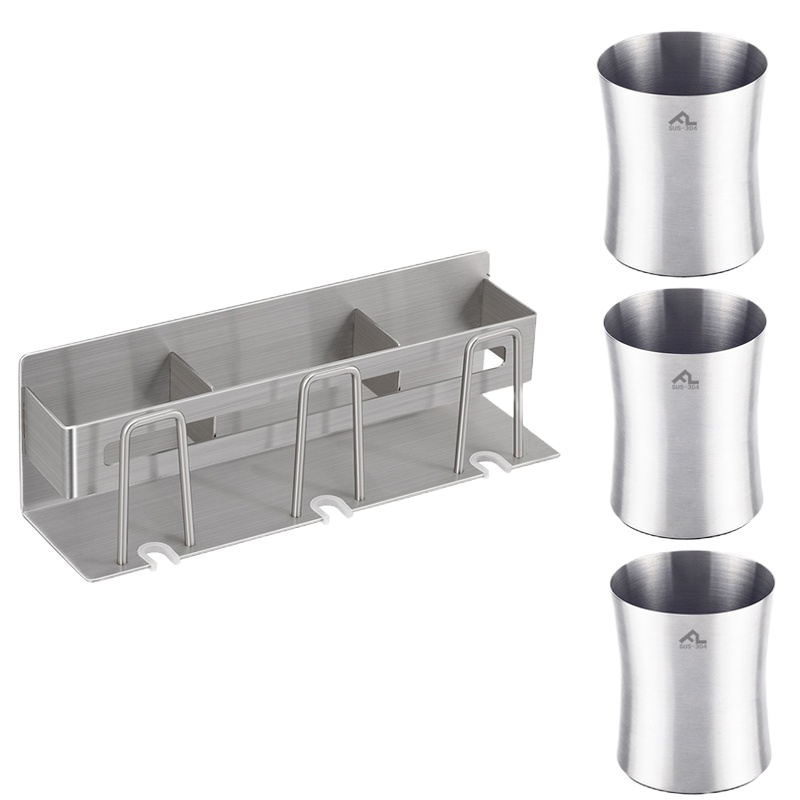 304不锈钢牙刷牙膏置物架卫生间三口之家牙刷架刷牙杯套装免打孔 三维工匠 3杯架+3个不锈钢杯子