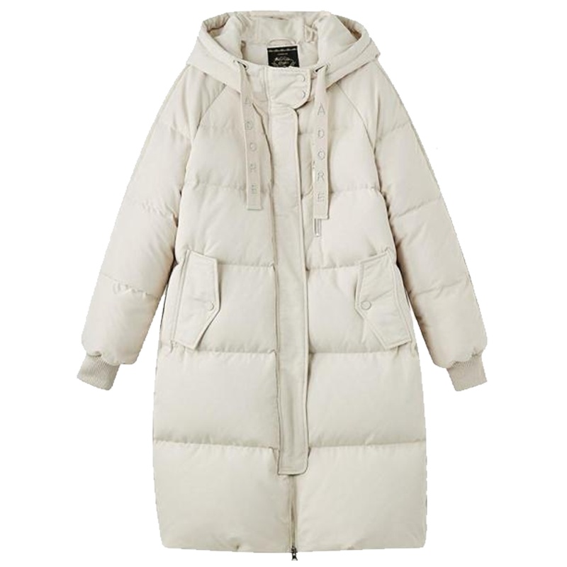 拉夏贝尔面包羽绒服女装冬季韩版宽松大衣连帽纯色拉链鹅绒中长款保暖外套30084120