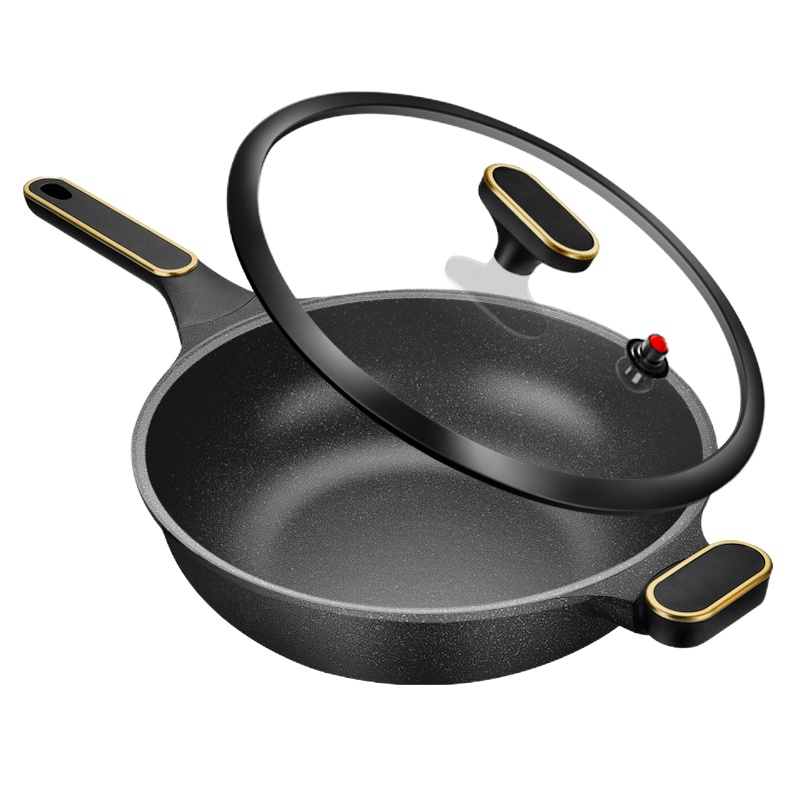 麦饭石不粘锅炒锅家用无烟炒菜锅电磁炉燃煤气灶适用无涂层平底锅新丰腾金典32cm炒锅+微压盖+不锈钢蒸笼