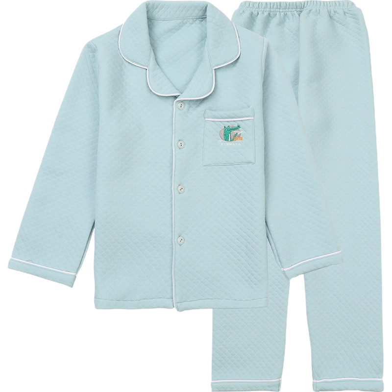 红豆儿童长袖加厚家居服三层空气层空气夹棉中大童男童秋冬睡衣套装