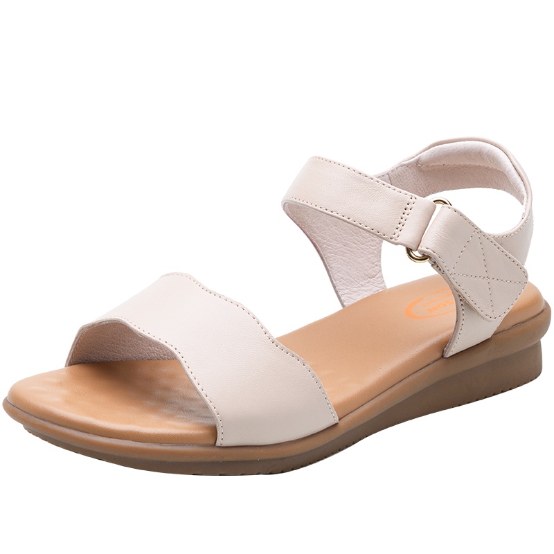 百田森2021夏季新款妈妈凉鞋女羊皮中跟凉鞋女厚底坡跟魔术贴凉鞋