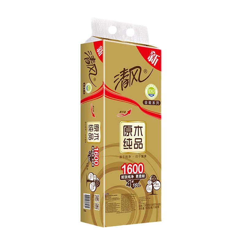 清风卷纸原木金装4层160g卷筒纸有芯卫生纸家用厕纸餐巾纸面巾纸 1提10卷