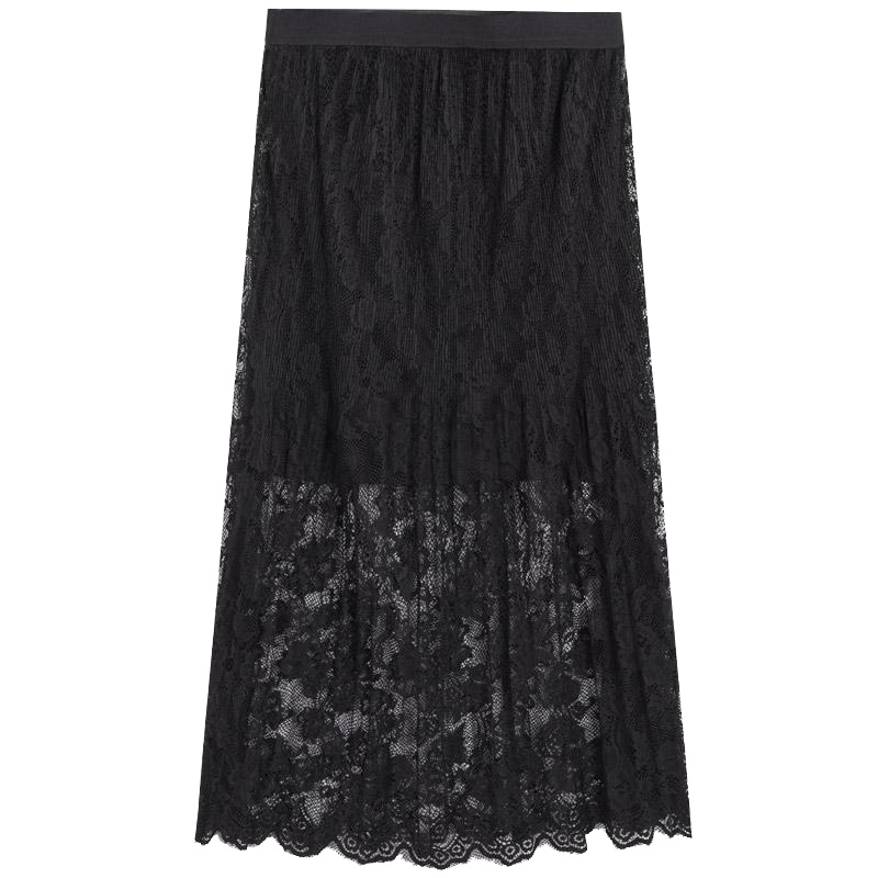 拉夏贝尔夏新款高腰显瘦镂空透视蕾丝裙子a字纱裙中长网纱半身裙_759 S 黑色