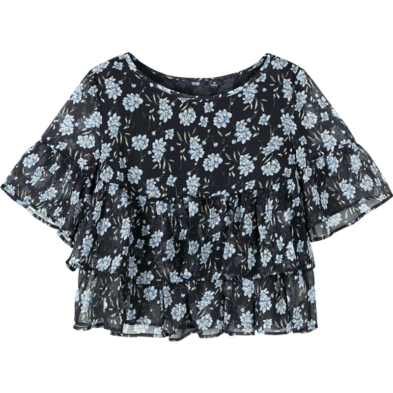 森马衬衣女新款短袖衬衫女圆领拼接碎花雪纺寸衫甜美少女上衣很仙