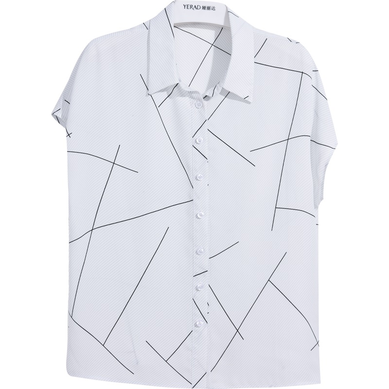 娅丽达女装2019夏季新款雪纺衫POLO领宽松条纹短袖职业韩版小衫I6117