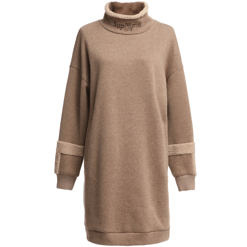 欧昵雪秋冬季字母绣花半高领羊羔毛套头加厚卫衣连衣裙女