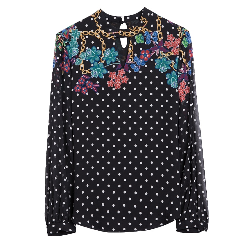 小样传奇 波点雪纺仿真丝衬衫女2021春秋新款时尚印花立领透视长袖上衣