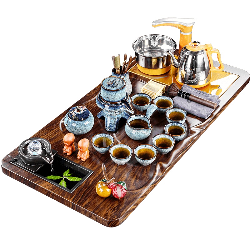 功夫茶具套装家用陶瓷茶杯茶壶整套自动石磨流水茶盘办公会客茶台 水月花自动茶具配曲流仿酸枝全自动