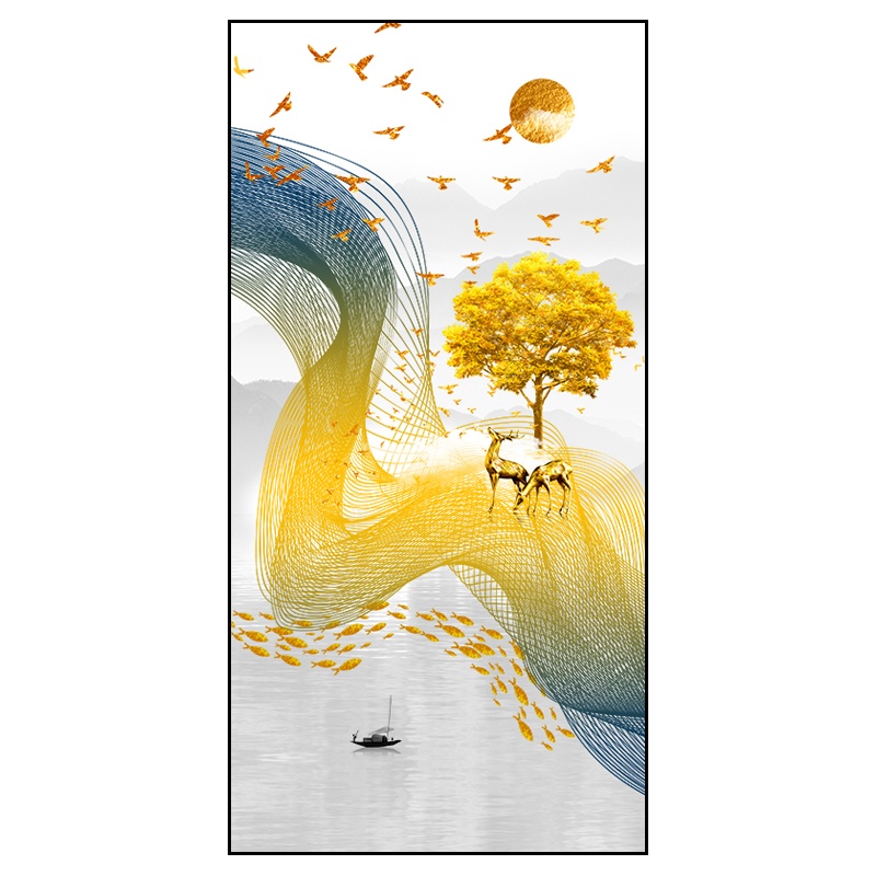 红绿蓝博艺新中式入户玄关装饰画祥云福鹿现代简约客厅过道壁画北欧轻奢风墙面鹿踏祥云挂画50x100cm