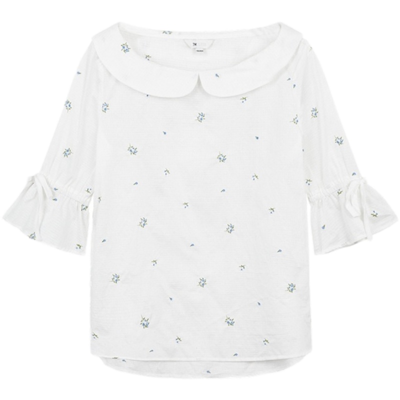 N拉夏贝尔夏印花荷叶袖青春百搭小清新圆领气质韩版衬衫 本白 S