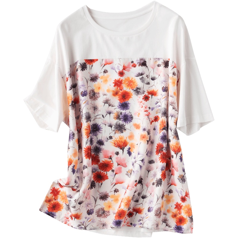 恒源祥真丝印花T恤女夏季宽松复古桑蚕丝短袖上衣拼接针织衫