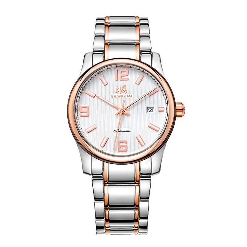 上海(SHANGHAI)手表三针日历系列男表正品时尚潮流钢带机械表635男运动休闲情侣自动机芯机械表