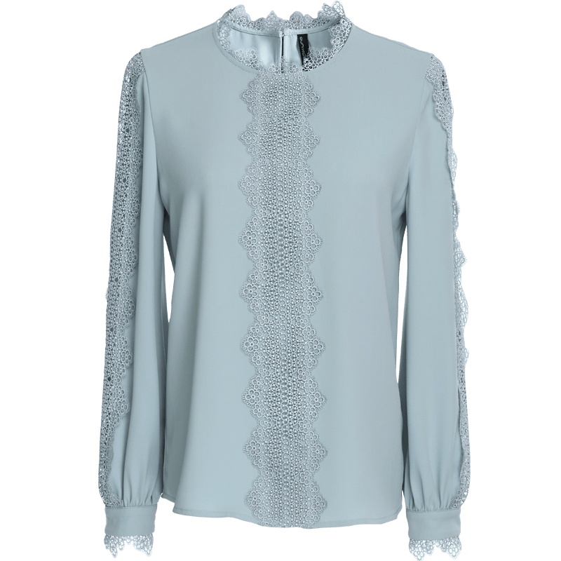 欧昵雪镂空蕾丝拼接长袖套头衬衣女上衣洋气时尚小衫