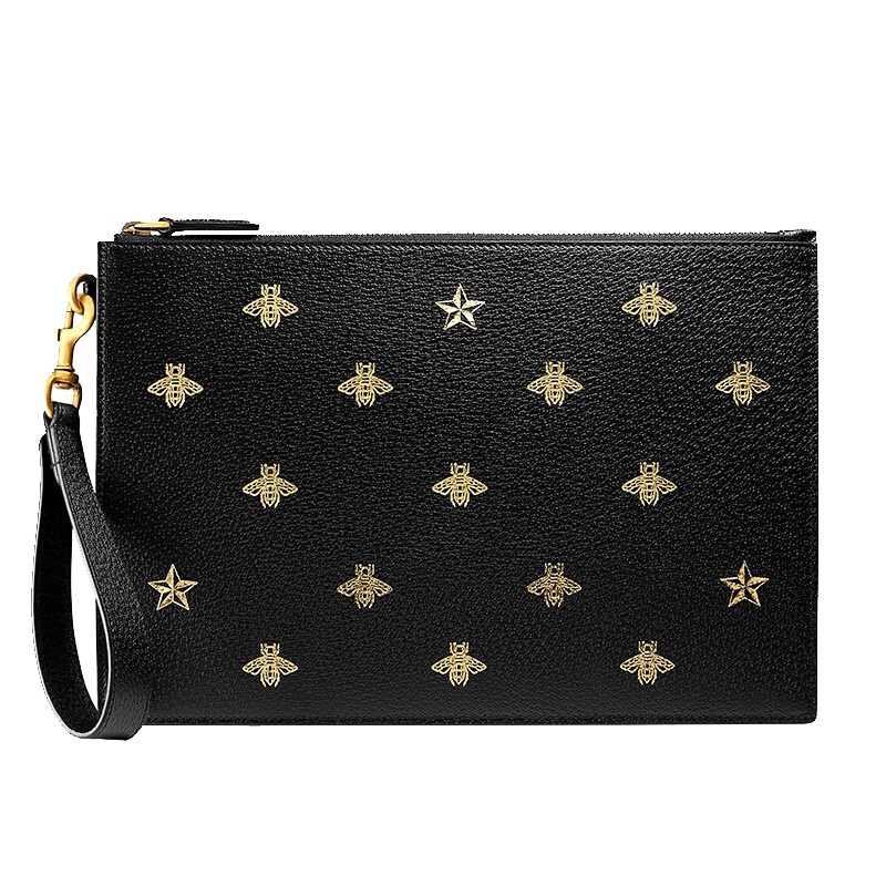 [海外直邮]GUCCI古驰男包牛皮蜜蜂星星印花黑色男士手拿包情侣款495066 DJ2KT 8474