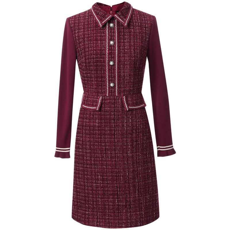 OUNIXUE欧昵雪 | [时尚假两件A字裙]冬季优雅翻领拼接针织长袖收腰连衣裙女