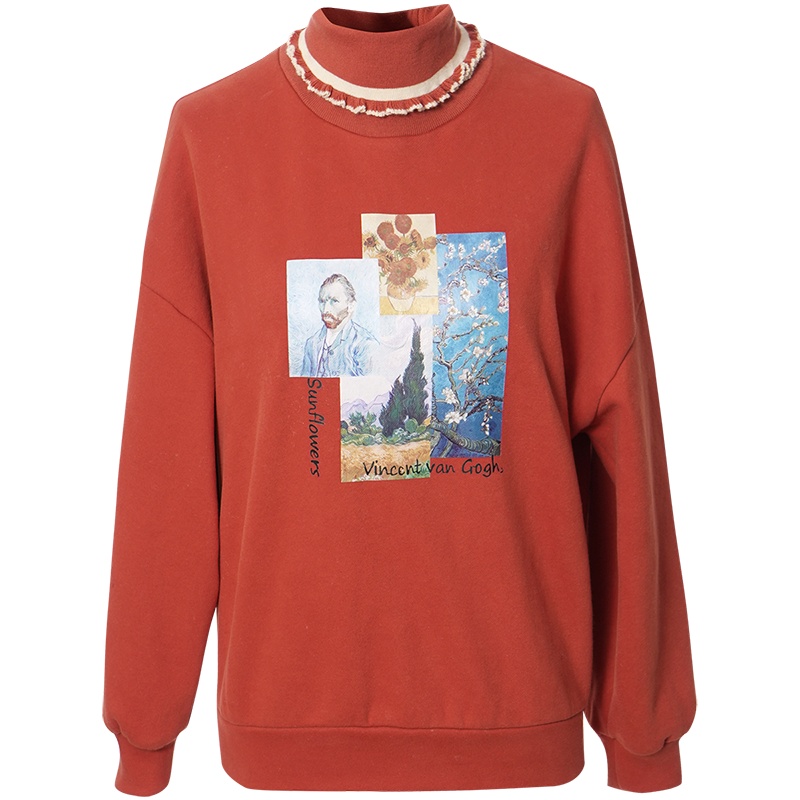 OUNIXUE欧昵雪 | [时尚抓绒上衣]冬季减龄木耳边半高领油画感烫图宽松卫衣女